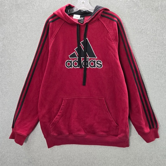 Adidas Men Sweatshirt Large Red Hoodie Logo Spellout Embroidered Pullover - Picture 1 of 9